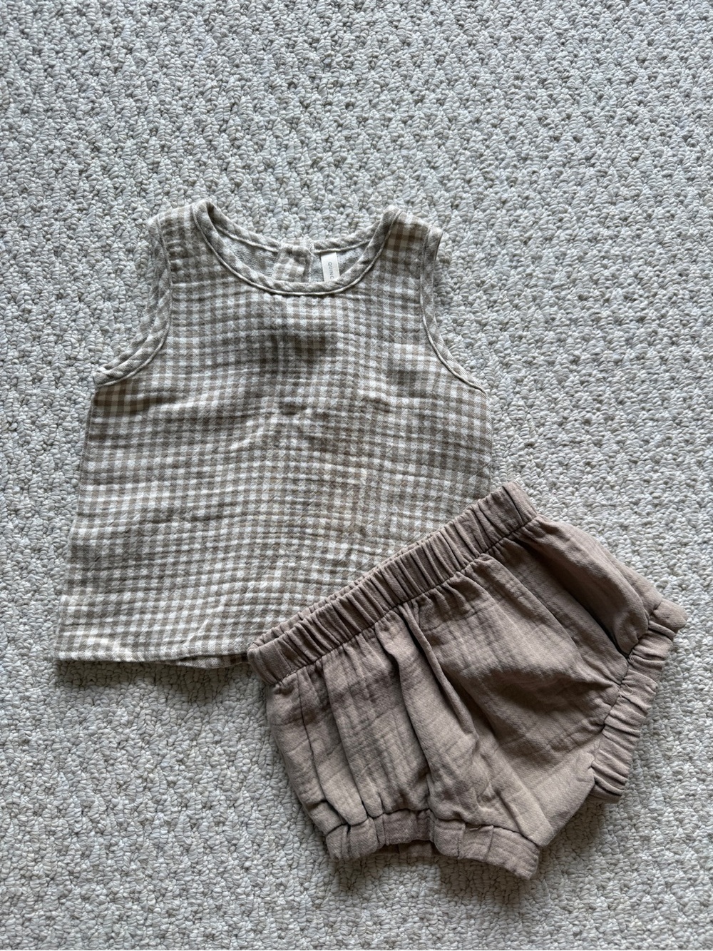 Quincy Mae Neutral Checkered Tank Top and Taupe Linen Shorts Set